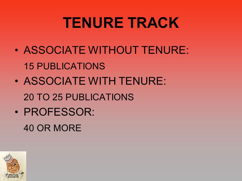 TENURE TRACK ASSOCIATE WITHOUT TENURE: 15 PUBLICATIONS ASSOCIATE WITH TENURE: 20 TO 25 PUBLICATIONS PROFESSOR: 40 OR MORE