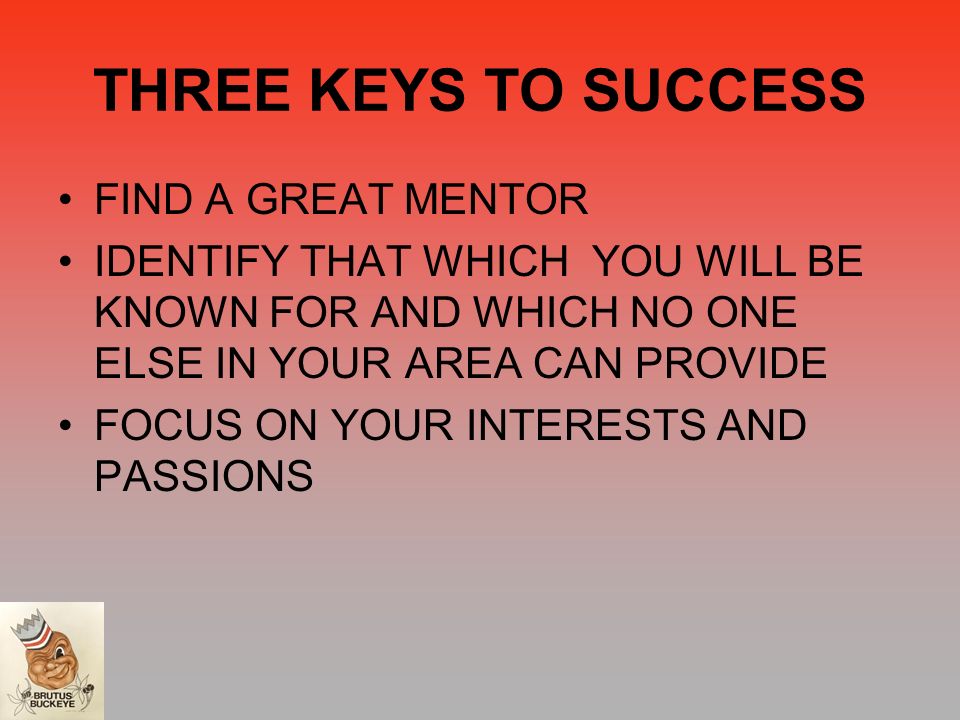 THREE KEYS TO SUCCESS FIND A GREAT MENTOR IDENTIFY THAT WHICH YOU WILL BE KNOWN FOR AND WHICH NO ONE ELSE IN YOUR AREA CAN PROVIDE FOCUS ON YOUR INTERESTS AND PASSIONS