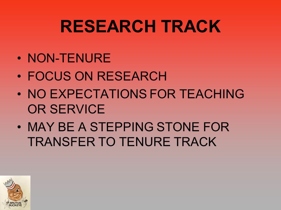RESEARCH TRACK NON-TENURE FOCUS ON RESEARCH NO EXPECTATIONS FOR TEACHING OR SERVICE MAY BE A STEPPING STONE FOR TRANSFER TO TENURE TRACK