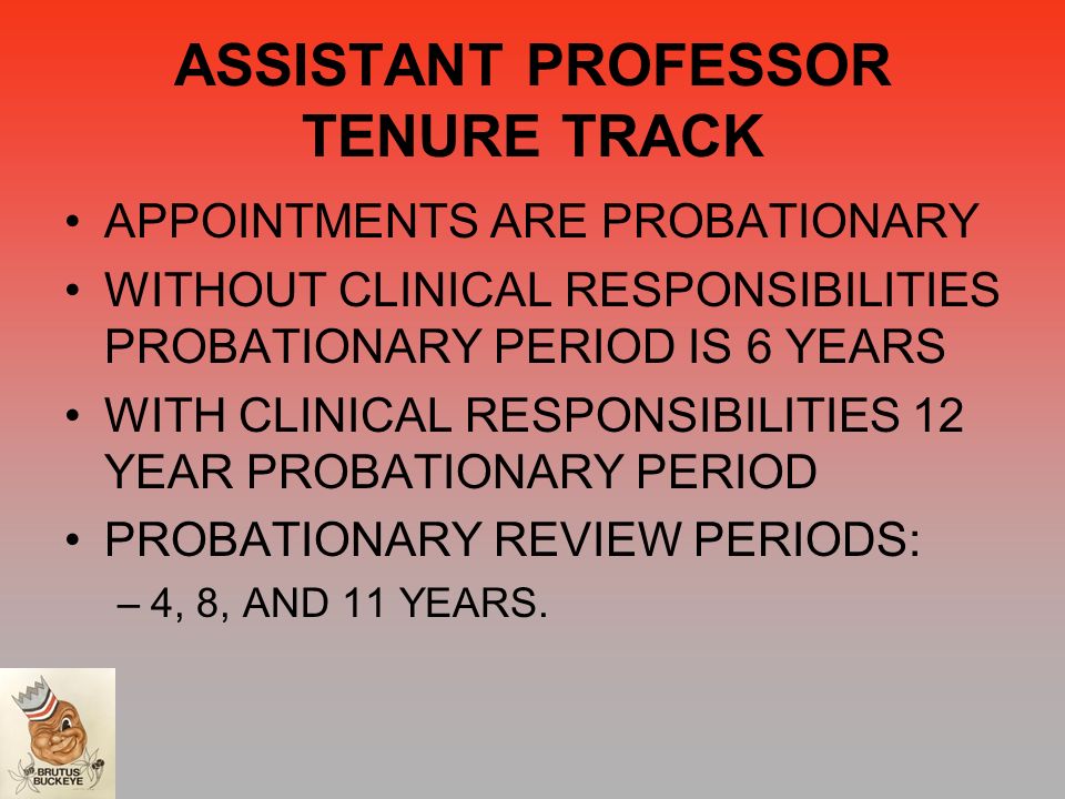 ASSISTANT PROFESSOR TENURE TRACK APPOINTMENTS ARE PROBATIONARY WITHOUT CLINICAL RESPONSIBILITIES PROBATIONARY PERIOD IS 6 YEARS WITH CLINICAL RESPONSIBILITIES 12 YEAR PROBATIONARY PERIOD PROBATIONARY REVIEW PERIODS: –4, 8, AND 11 YEARS.