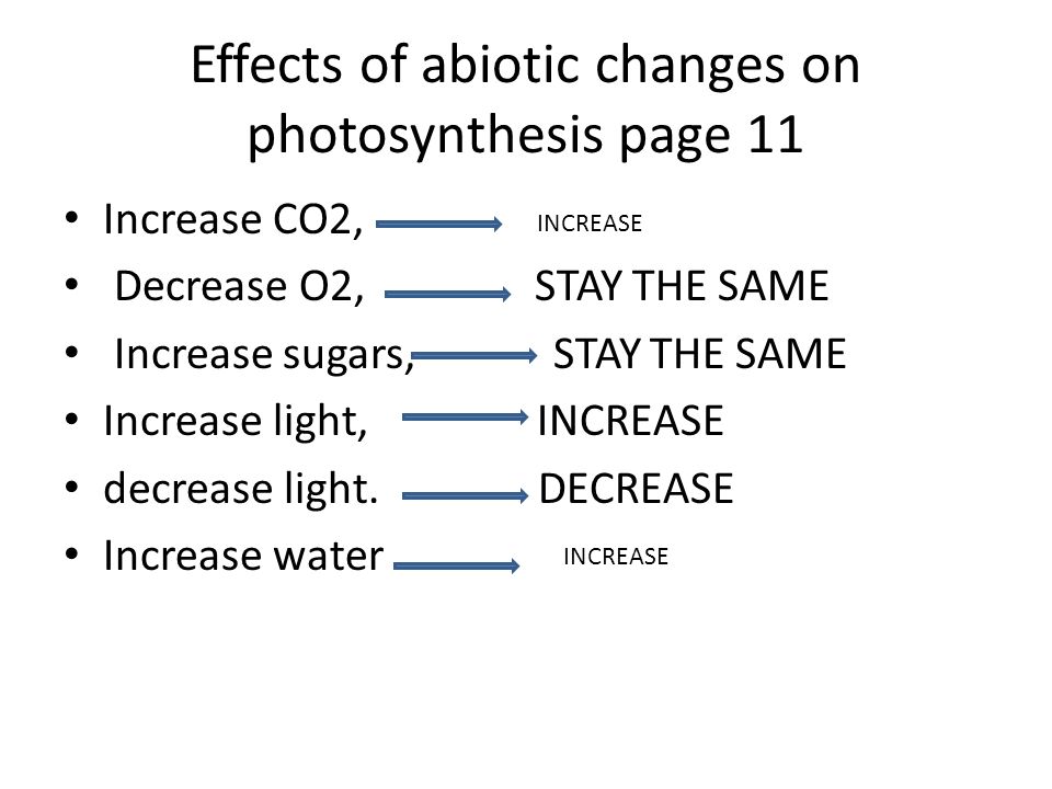 Effects of abiotic changes on photosynthesis page 11 Increase CO2, Decrease O2, STAY THE SAME Increase sugars, STAY THE SAME Increase light, INCREASE decrease light.