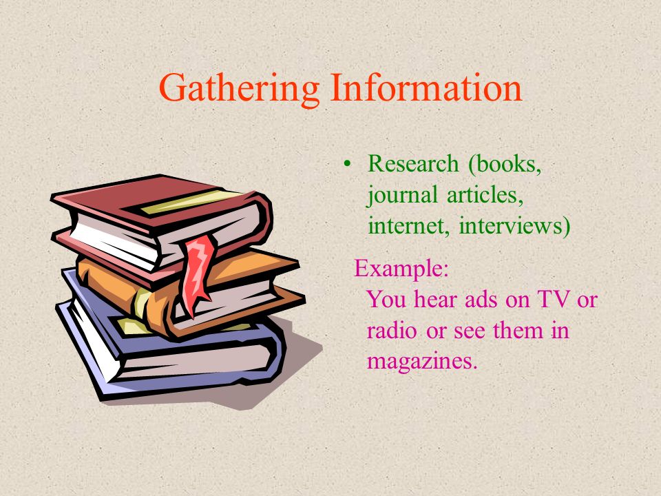 Gathering Information Research (books, journal articles, internet, interviews) Example: You hear ads on TV or radio or see them in magazines.