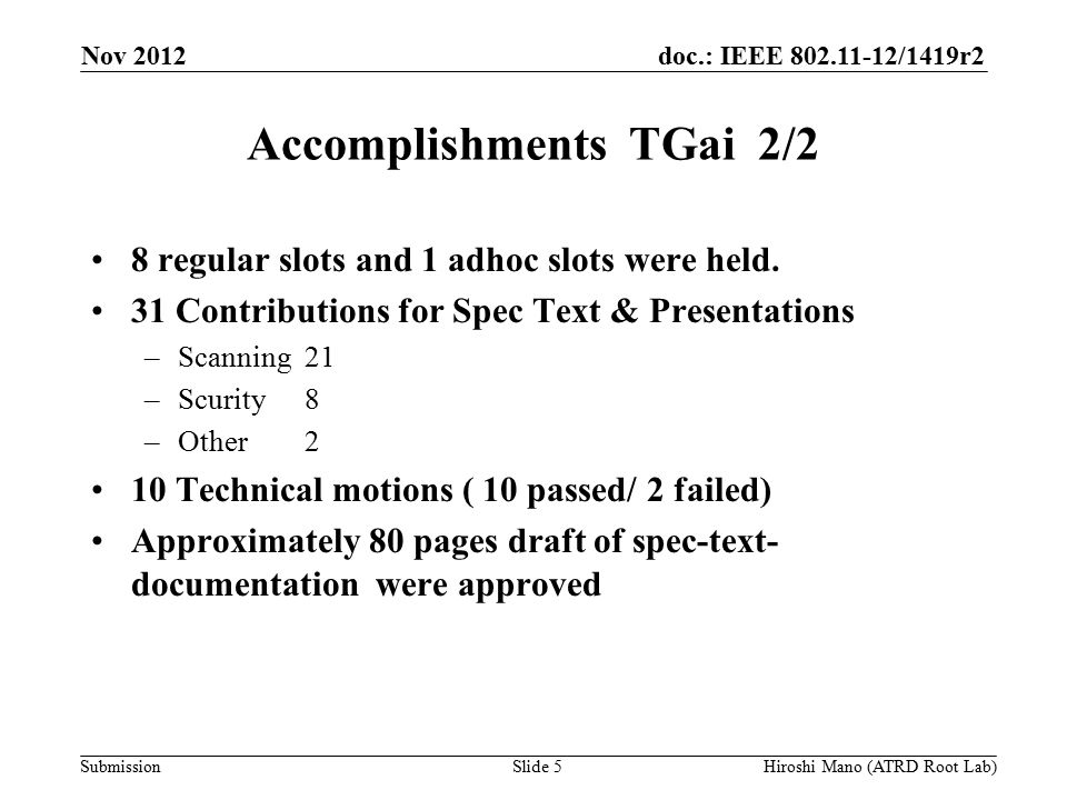 doc.: IEEE /1419r2 Submission Accomplishments TGai 2/2 8 regular slots and 1 adhoc slots were held.