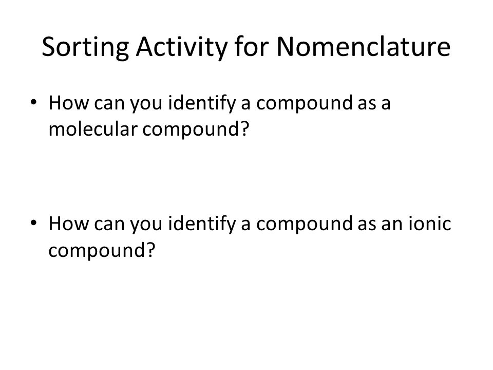 Worksheets Naming And Formulas Of Ionic Compounds Worksheet 1 naming polyatomic ions warm up worksheet 2 out 1 write the sorting activity for nomenclature how can you identify a compound as molecular how
