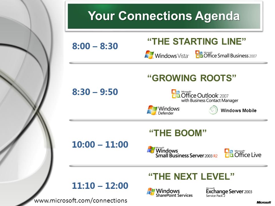 8:00 – 8:30 10:00 – 11:00 Windows Mobile 11:10 – 12:00 Your Connections Agenda THE STARTING LINE THE NEXT LEVEL THE BOOM 8:30 – 9:50 GROWING ROOTS