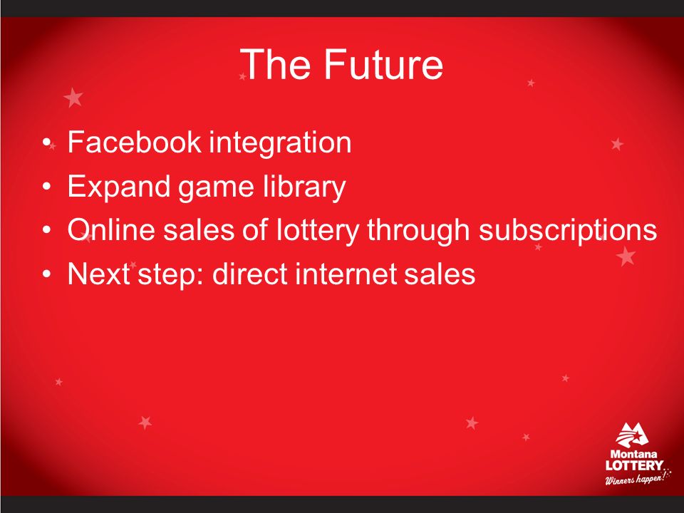 The Future Facebook integration Expand game library Online sales of lottery through subscriptions Next step: direct internet sales