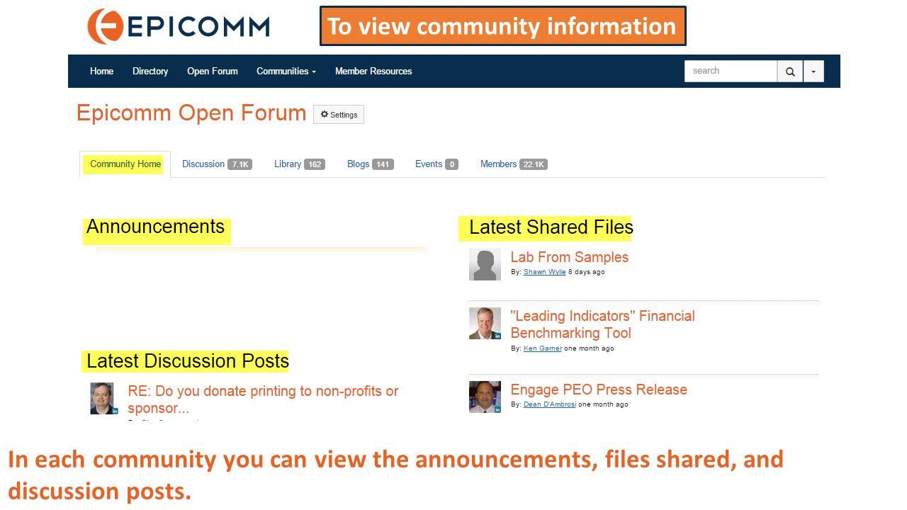 In each community you can view the announcements, files shared, and discussion posts.