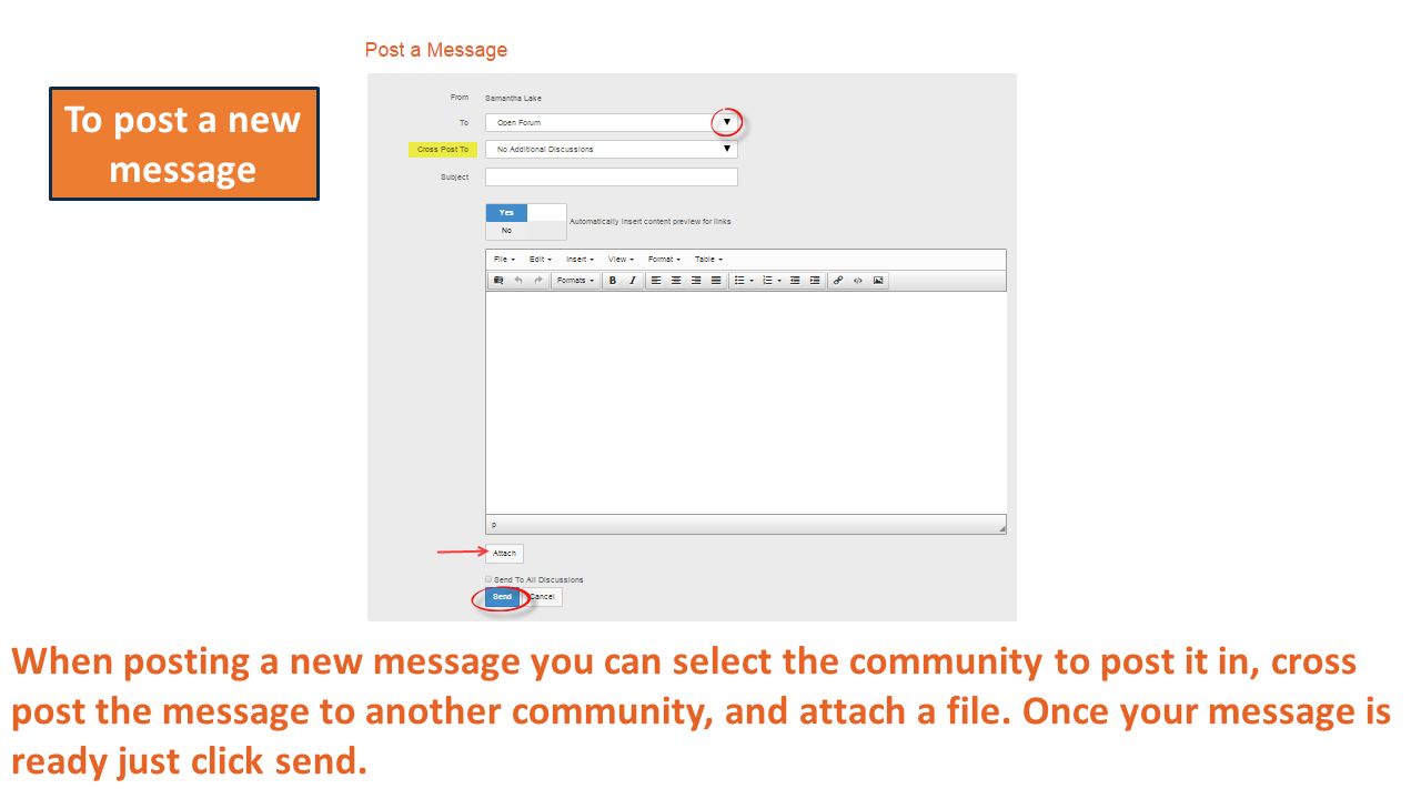 When posting a new message you can select the community to post it in, cross post the message to another community, and attach a file.