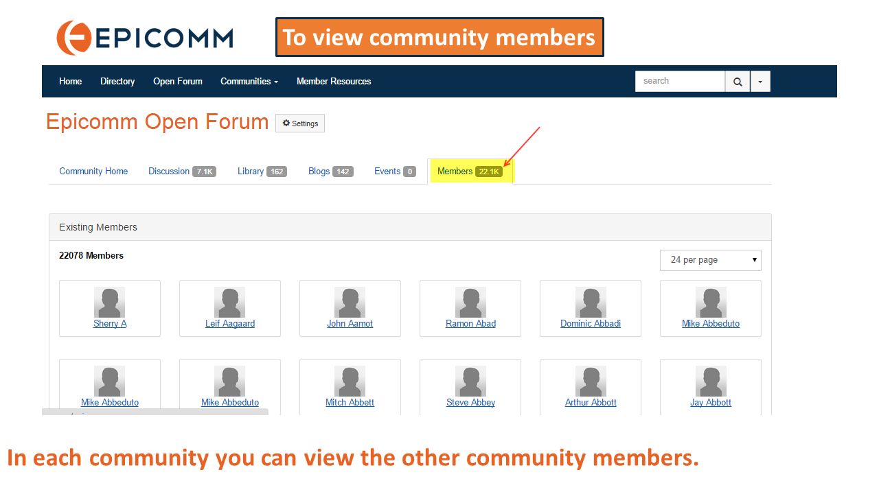 In each community you can view the other community members. To view community members