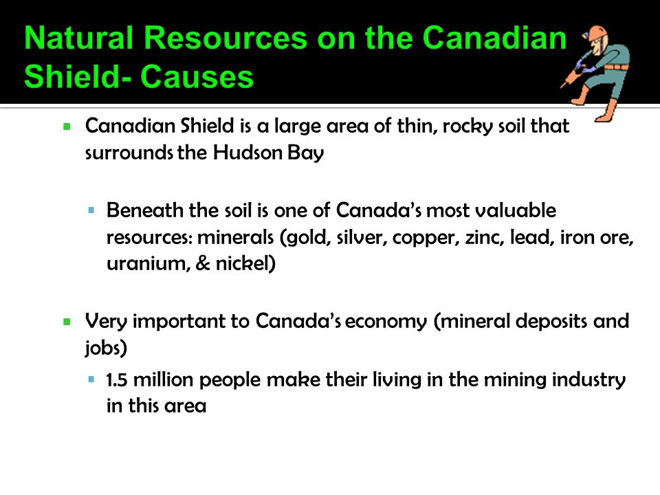  Canadian Shield is a large area of thin, rocky soil that surrounds the Hudson Bay  Beneath the soil is one of Canada’s most valuable resources: minerals (gold, silver, copper, zinc, lead, iron ore, uranium, & nickel)  Very important to Canada’s economy (mineral deposits and jobs)  1.5 million people make their living in the mining industry in this area