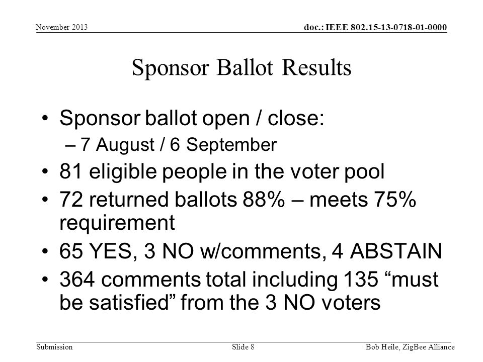 doc.: IEEE Submission Sponsor Ballot Results Sponsor ballot open / close: –7 August / 6 September 81 eligible people in the voter pool 72 returned ballots 88% – meets 75% requirement 65 YES, 3 NO w/comments, 4 ABSTAIN 364 comments total including 135 must be satisfied from the 3 NO voters Slide 8 November 2013 Bob Heile, ZigBee Alliance