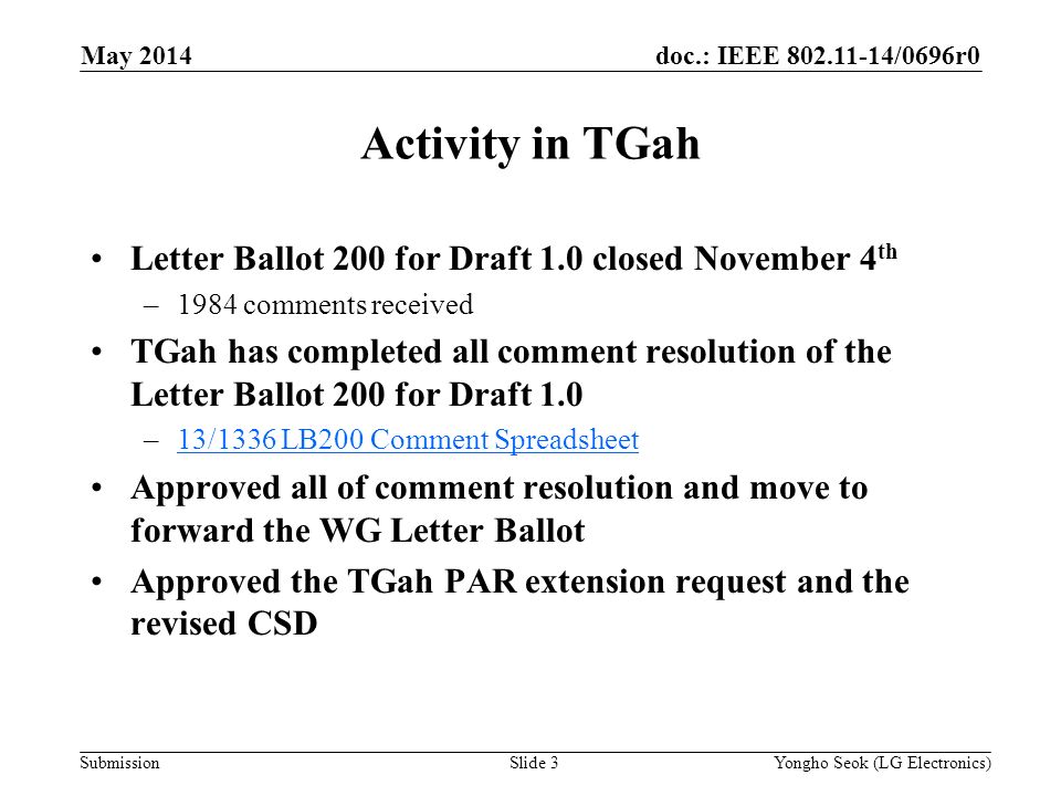 doc.: IEEE /0696r0 Submission Activity in TGah Letter Ballot 200 for Draft 1.0 closed November 4 th –1984 comments received TGah has completed all comment resolution of the Letter Ballot 200 for Draft 1.0 –13/1336 LB200 Comment Spreadsheet13/1336 LB200 Comment Spreadsheet Approved all of comment resolution and move to forward the WG Letter Ballot Approved the TGah PAR extension request and the revised CSD May 2014 Slide 3Yongho Seok (LG Electronics)