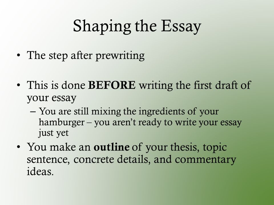 Shaping the Essay The step after prewriting This is done BEFORE writing the first draft of your essay – You are still mixing the ingredients of your hamburger – you aren’t ready to write your essay just yet You make an outline of your thesis, topic sentence, concrete details, and commentary ideas.