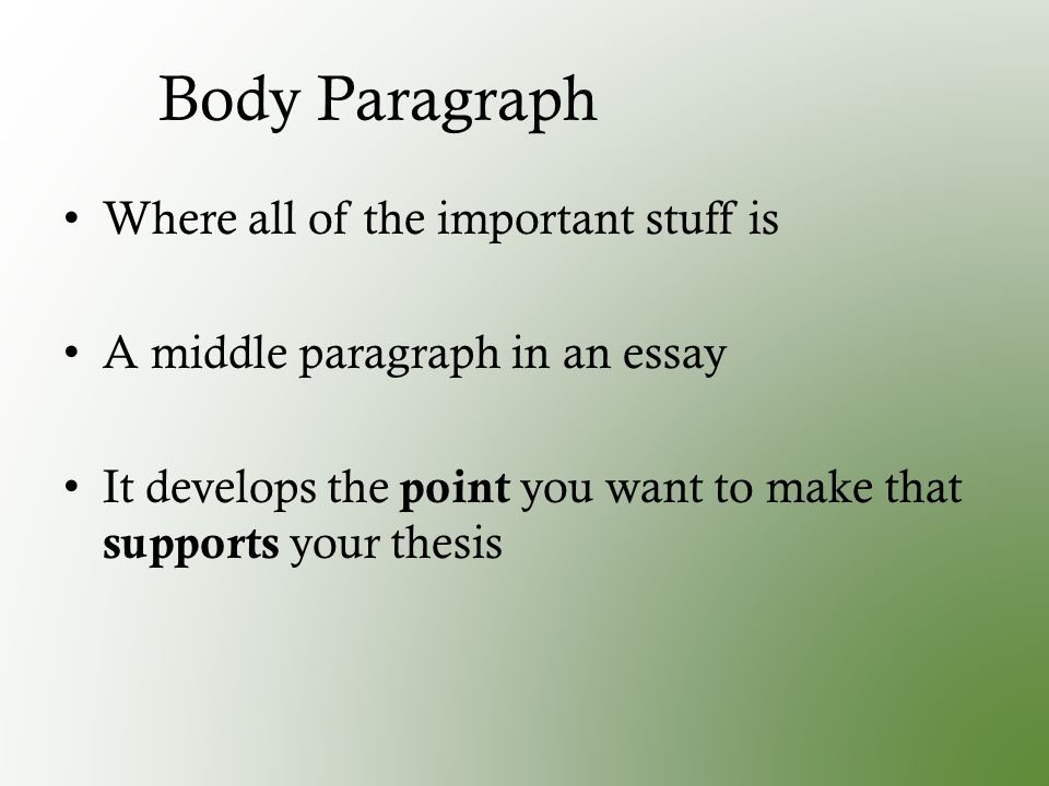 Body Paragraph Where all of the important stuff is A middle paragraph in an essay It develops the point you want to make that supports your thesis