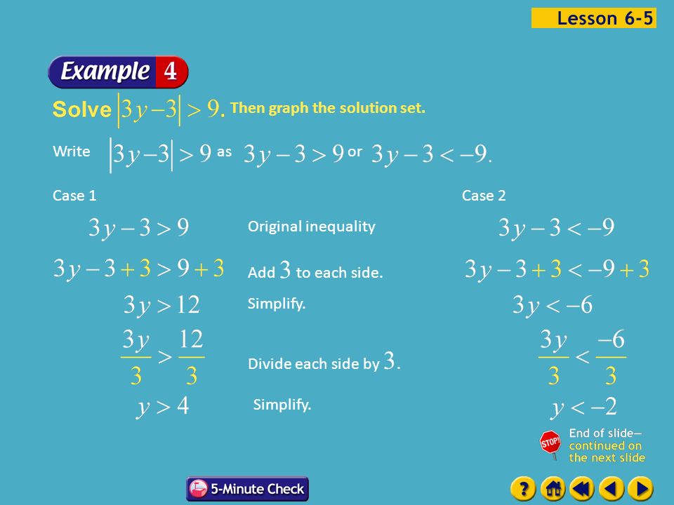 Example 5-4a Case 1 Case 2 Then graph the solution set.
