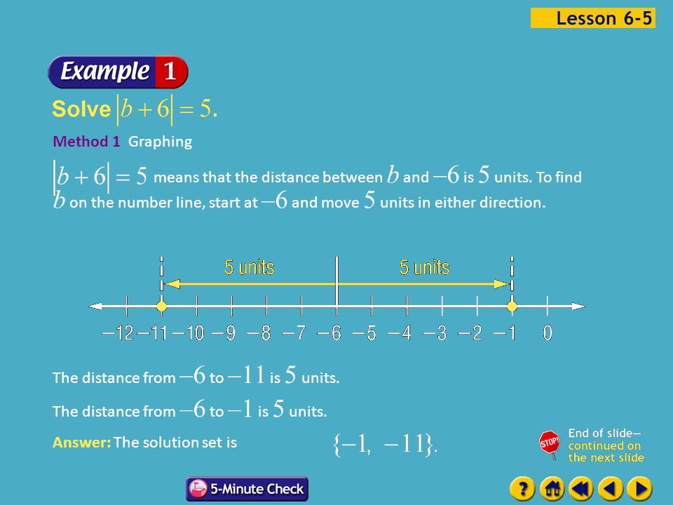Example 5-1a Method 1 Graphing means that the distance between b and –6 is 5 units.