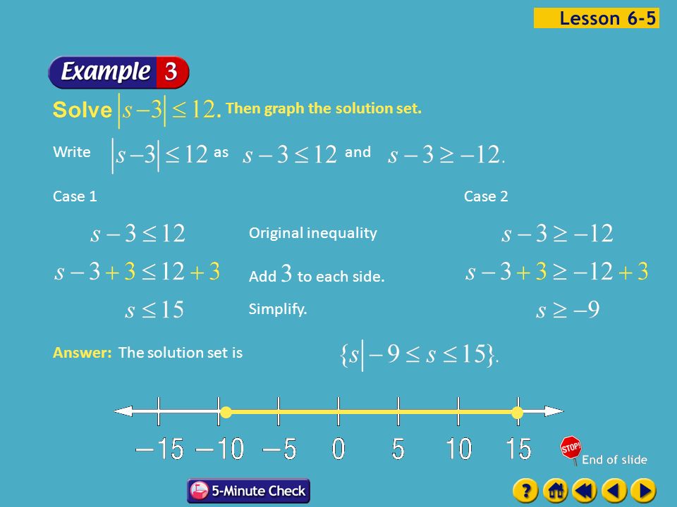 Example 5-3a Then graph the solution set. Writeasand Original inequality Add 3 to each side.