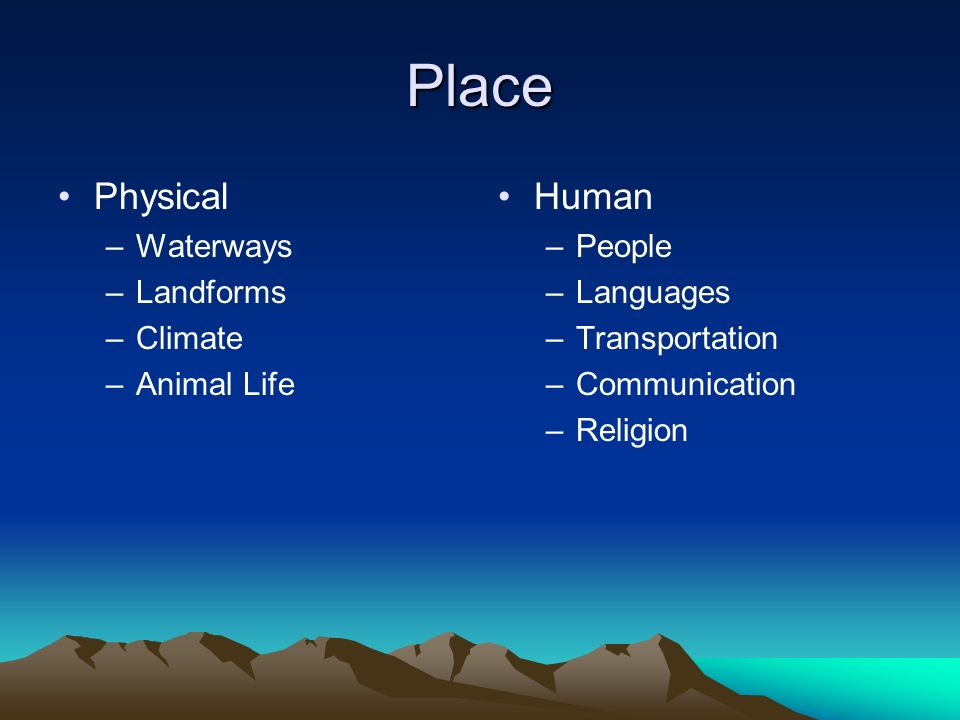 Place Physical –Waterways –Landforms –Climate –Animal Life Human –People –Languages –Transportation –Communication –Religion