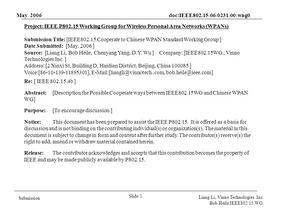 May 2006 doc:IEEE wng0 Slide 1 Submission Liang Li, Vinno Technologies Inc.