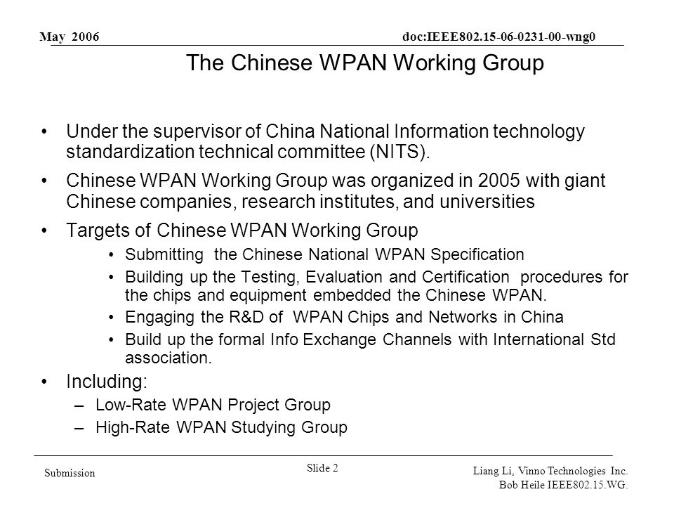 May 2006 doc:IEEE wng0 Slide 2 Submission Liang Li, Vinno Technologies Inc.