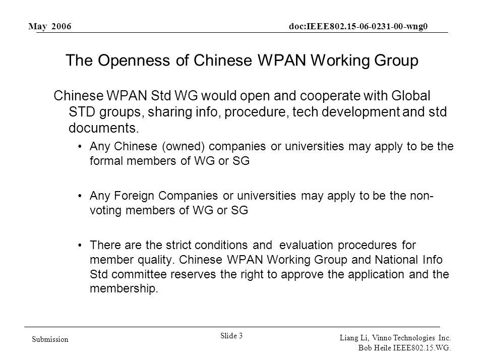 May 2006 doc:IEEE wng0 Slide 3 Submission Liang Li, Vinno Technologies Inc.