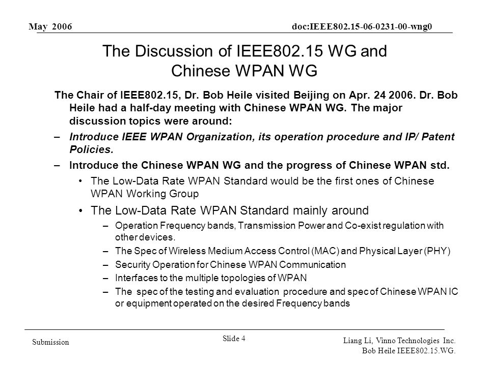 May 2006 doc:IEEE wng0 Slide 4 Submission Liang Li, Vinno Technologies Inc.