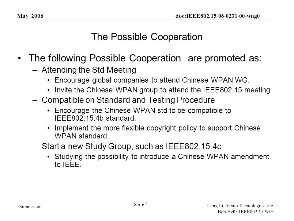 May 2006 doc:IEEE wng0 Slide 5 Submission Liang Li, Vinno Technologies Inc.