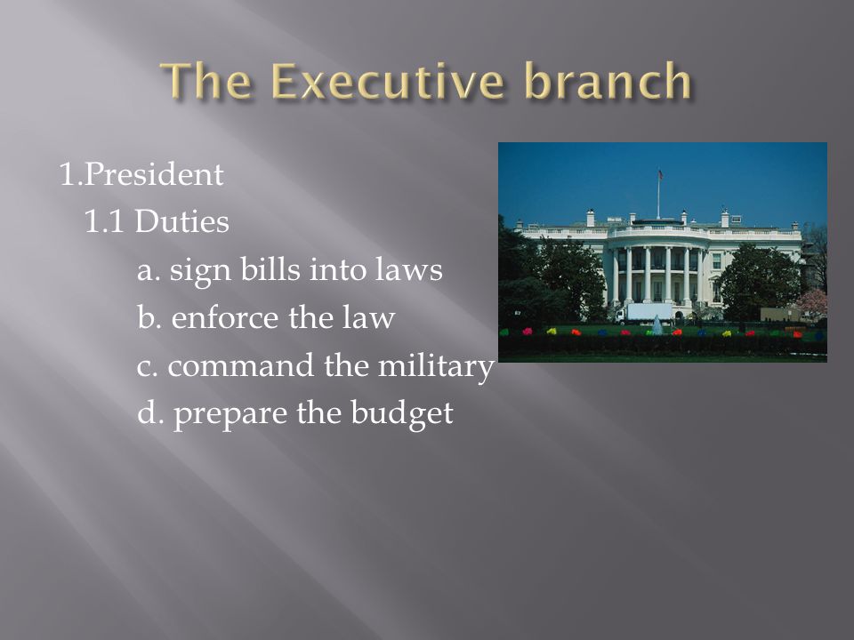 1.President 1.1 Duties a. sign bills into laws b.