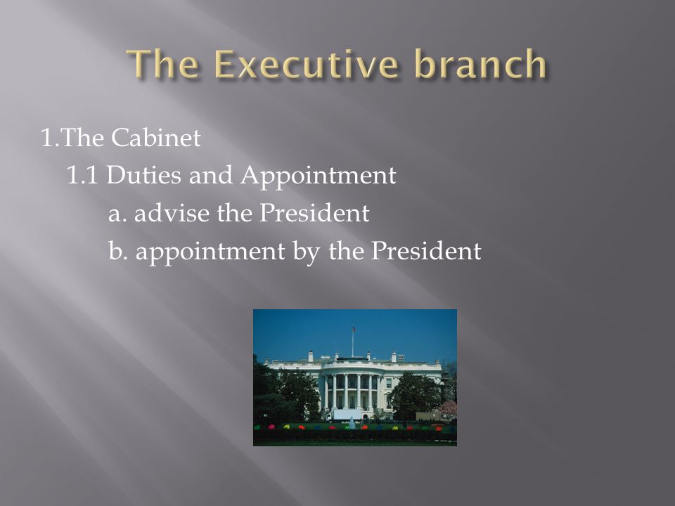 1.The Cabinet 1.1 Duties and Appointment a. advise the President b. appointment by the President
