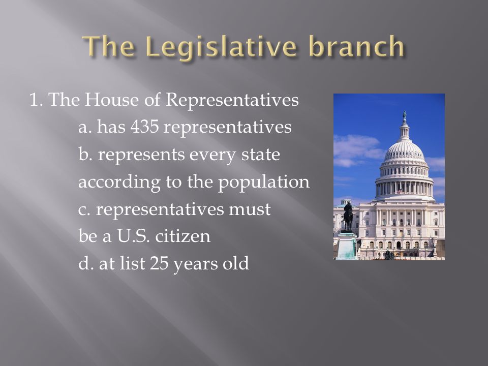 1. The House of Representatives a. has 435 representatives b.
