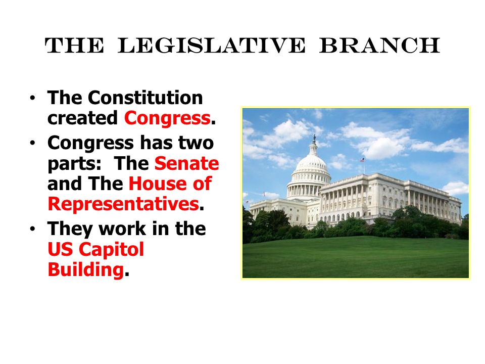United states government The Constitution created a government of three equal branches, or parts.