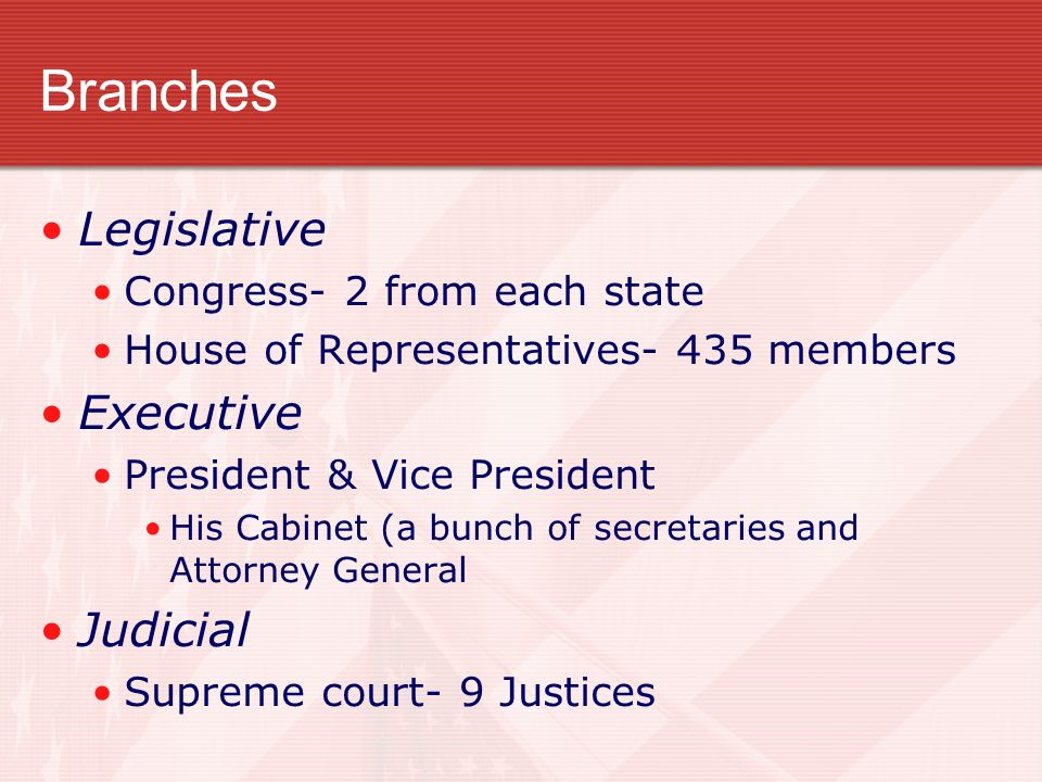 Branches Legislative Congress- 2 from each state House of Representatives- 435 members Executive President & Vice President His Cabinet (a bunch of secretaries and Attorney General Judicial Supreme court- 9 Justices