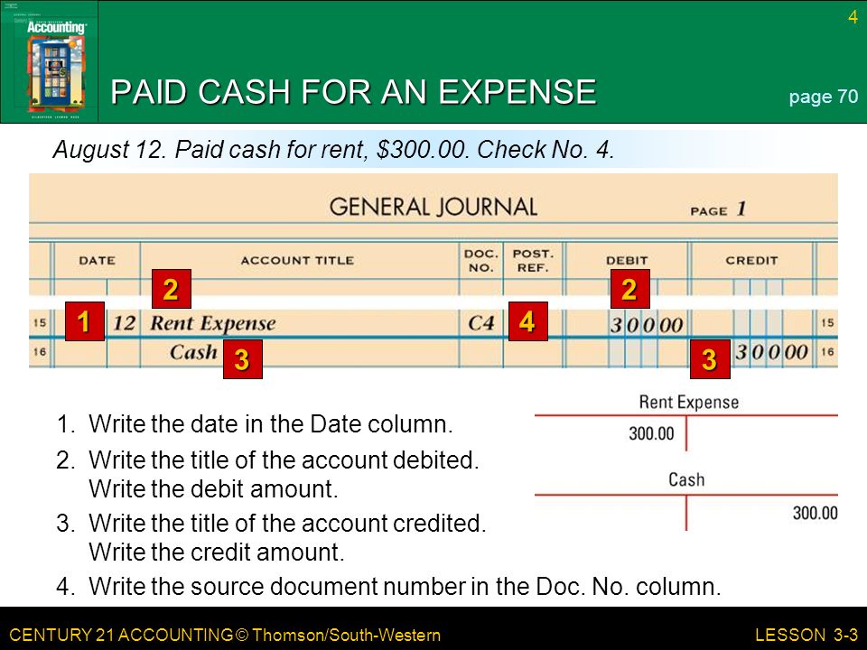 CENTURY 21 ACCOUNTING © Thomson/South-Western 4 LESSON 3-3 PAID CASH FOR AN EXPENSE page 70 August 12.
