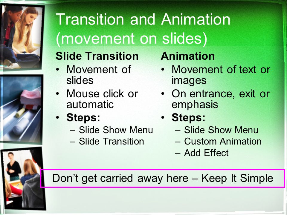 Slide Titles All slides MUST have a title Gives a clue to what the slide is about Use title case Comes in first during animation
