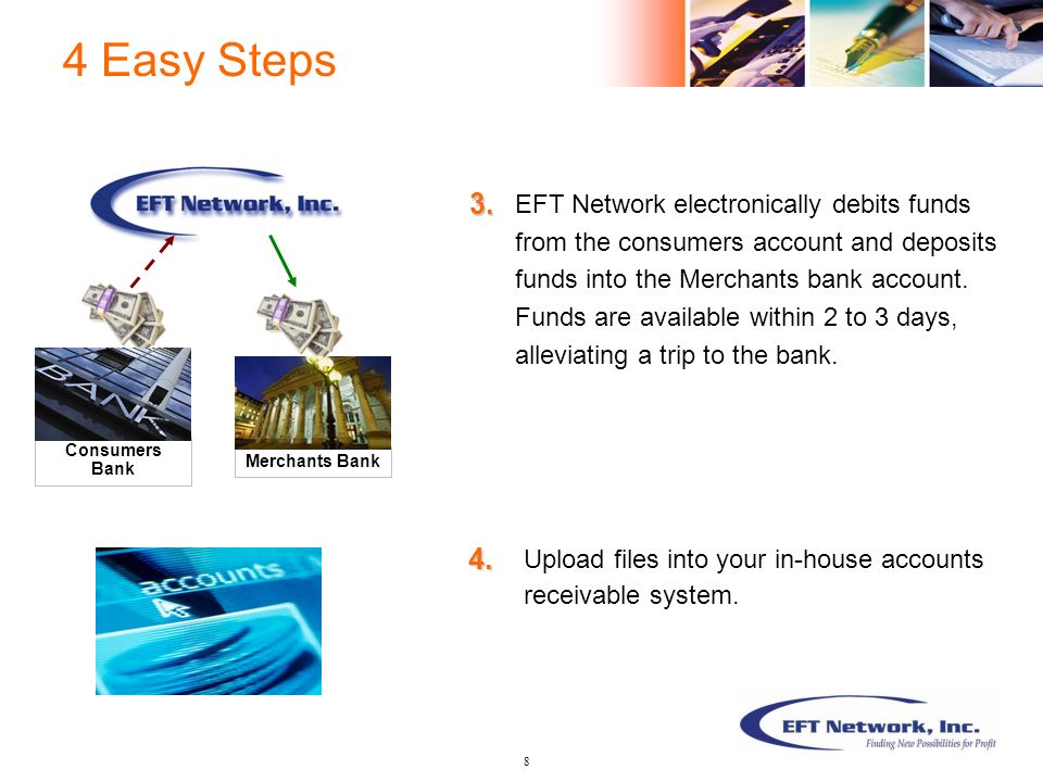 8 EFT Network electronically debits funds from the consumers account and deposits funds into the Merchants bank account.