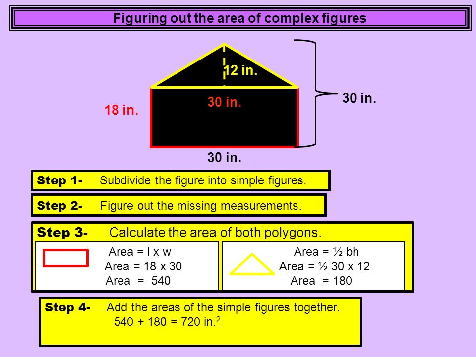 Figuring out the area of complex figures 18 in. 30 in.