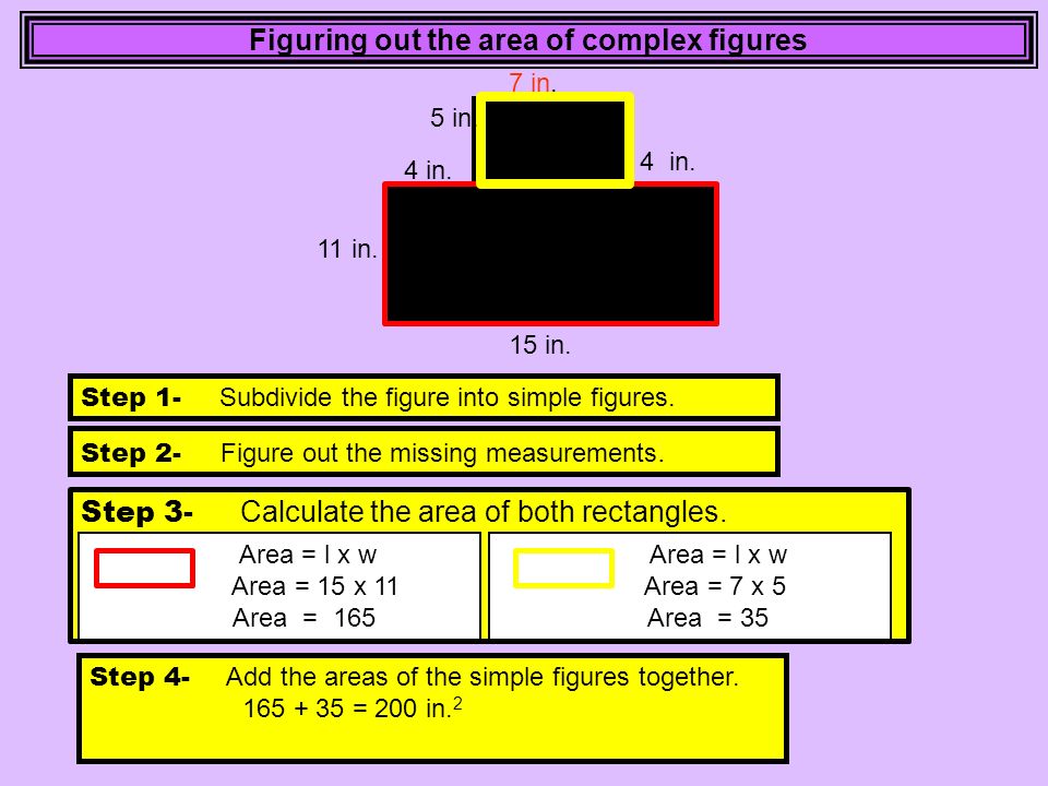 Figuring out the area of complex figures 15 in. 4 in.
