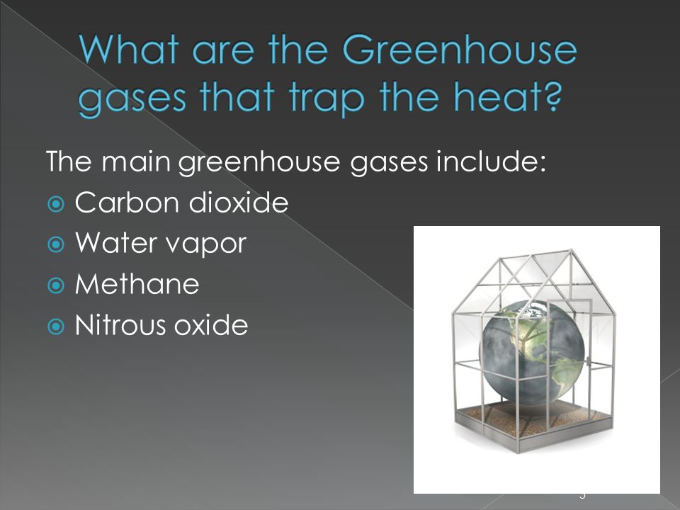The main greenhouse gases include:  Carbon dioxide  Water vapor  Methane  Nitrous oxide 5