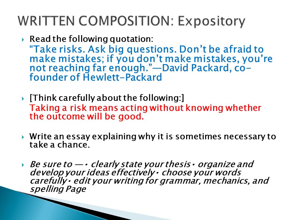 Cheap Essay Papers Presented By Stephanie Churchill Adapted From Alice Nine And Pat The Following Quotation Take Risks Ask Thesis Statement For An Argumentative Essay also High School Scholarship Essay Examples The Importance Of Taking Risks In Life Teen Essay On What Matters Essay Vs Paper