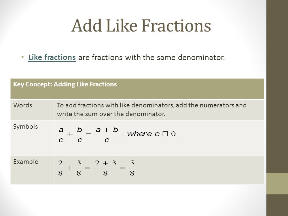 Add Like Fractions Like fractions are fractions with the same denominator.