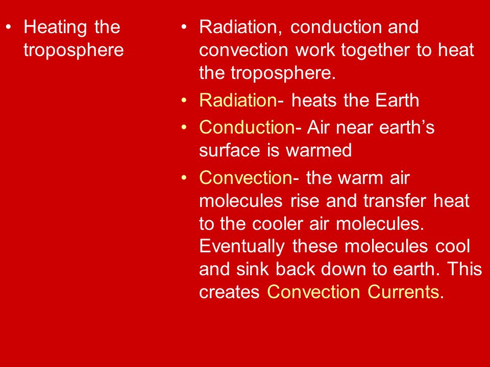 Heating the troposphere Radiation, conduction and convection work together to heat the troposphere.
