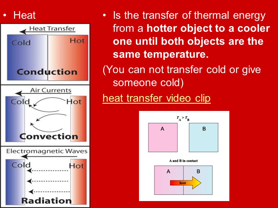 HeatIs the transfer of thermal energy from a hotter object to a cooler one until both objects are the same temperature.