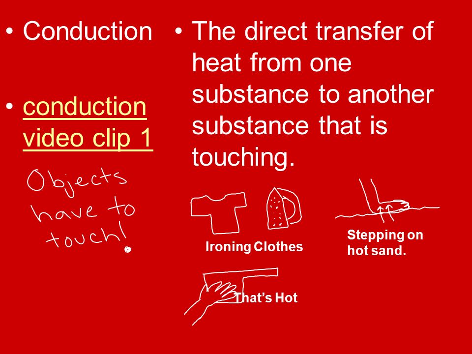 Conduction conduction video clip 1conduction video clip 1 The direct transfer of heat from one substance to another substance that is touching.