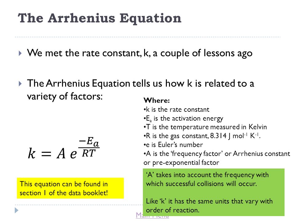 Title Lesson 6 Activation Energy Learning Objectives Main Menu The Arrhenius Equation We Met Rate Constant K A Couple