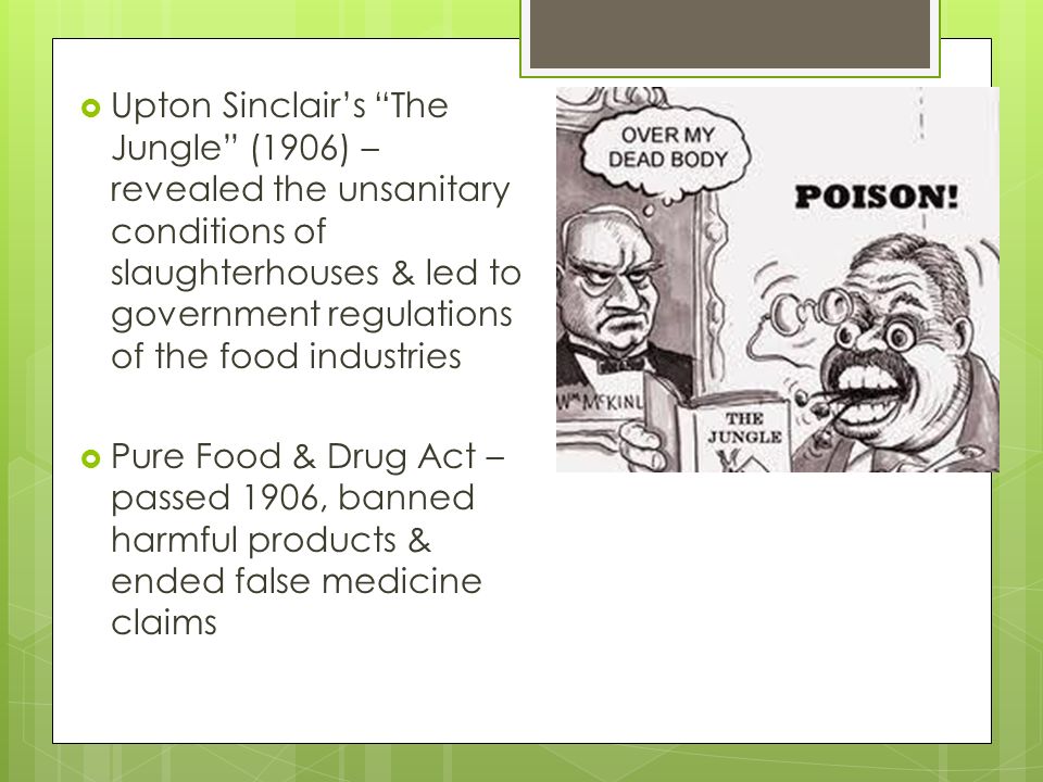  Upton Sinclair’s The Jungle (1906) – revealed the unsanitary conditions of slaughterhouses & led to government regulations of the food industries  Pure Food & Drug Act – passed 1906, banned harmful products & ended false medicine claims