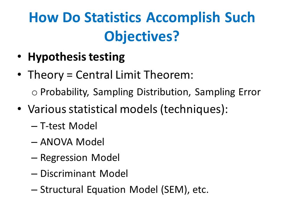 The Purpose Of Statistics Data Analysis Descriptive 2 How Do Statistics Accomplish Such Objectives Hypothesis Testing Theory Central Limit Theorem