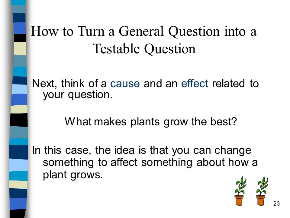 Next, think of a cause and an effect related to your question.