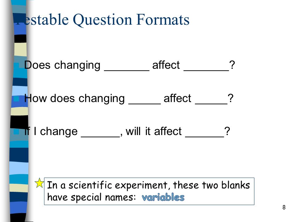 Testable Question Formats Does changing _______ affect _______.