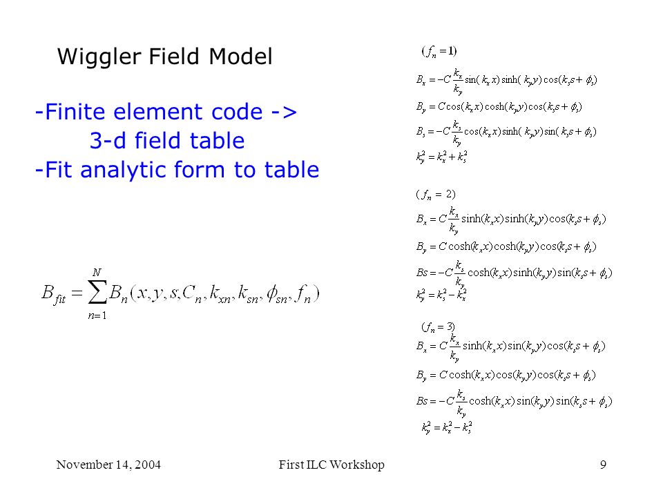 November 14, 2004First ILC Workshop9 Wiggler Field Model -Finite element code -> 3-d field table -Fit analytic form to table