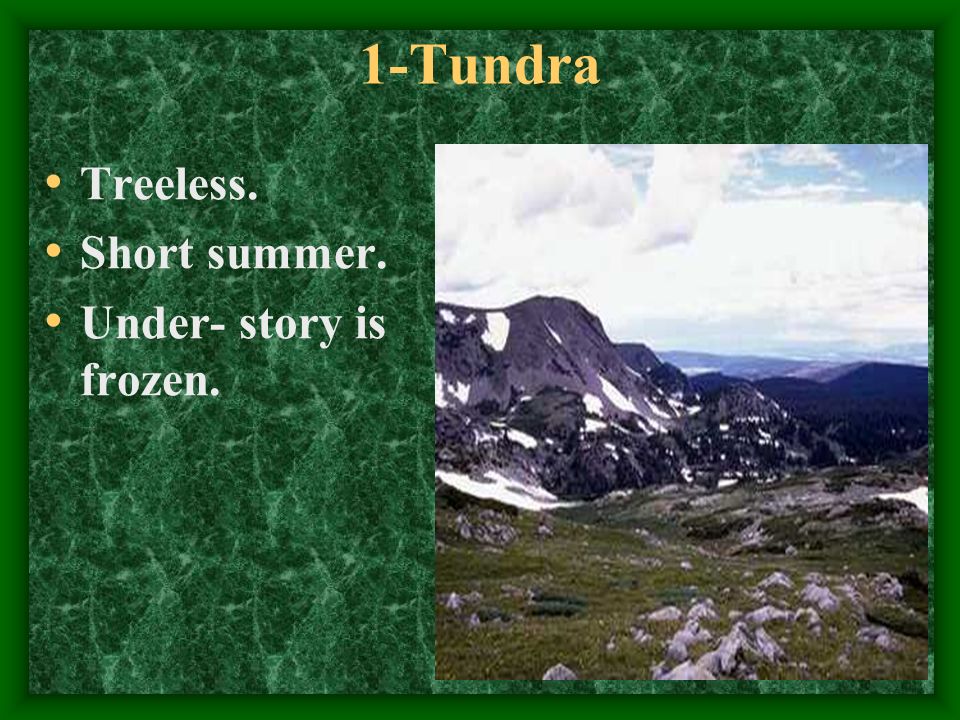 1-Tundra Treeless. Short summer. Under- story is frozen.
